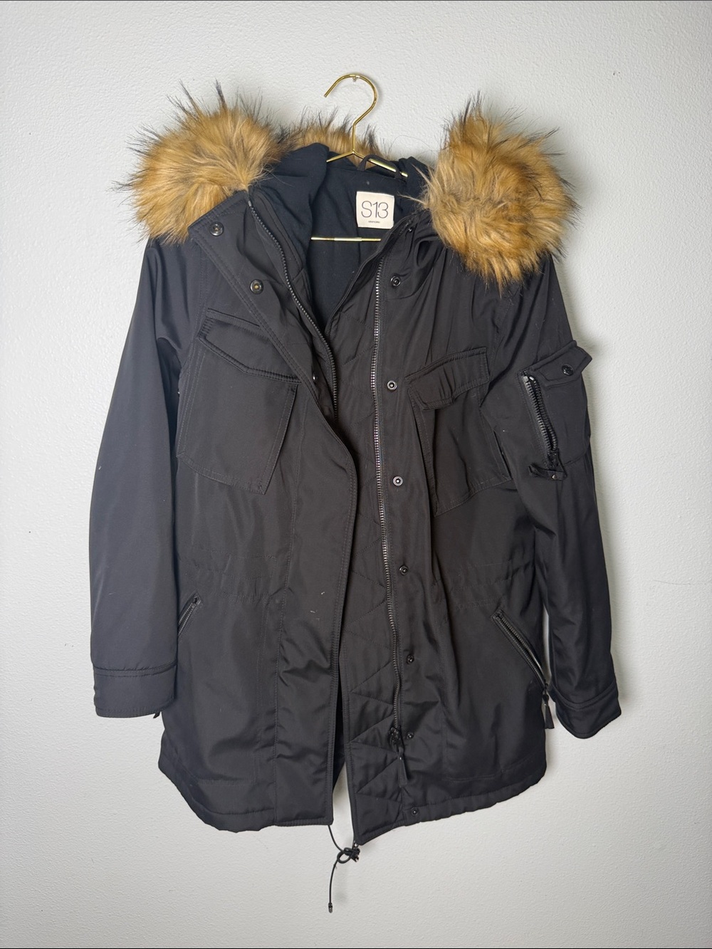 S13 NYC Field Jacket Women’s Small Anorak Cotton Lined Parka Faux Fur Hood Black